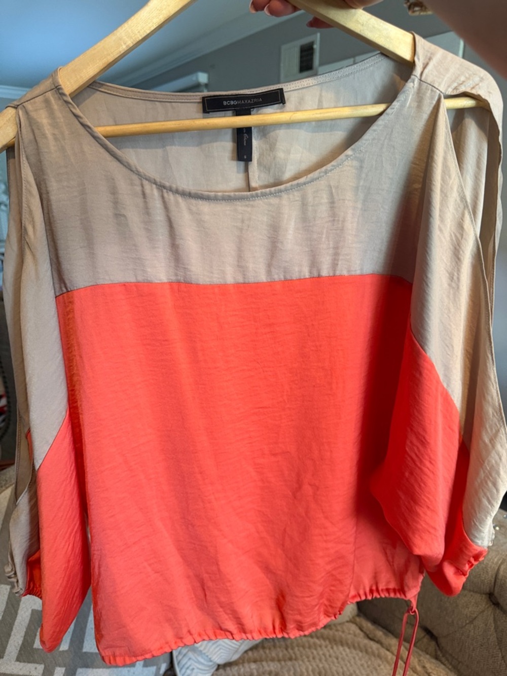 BCBGMaxAzria Coral and Beige Colorblock Blouse